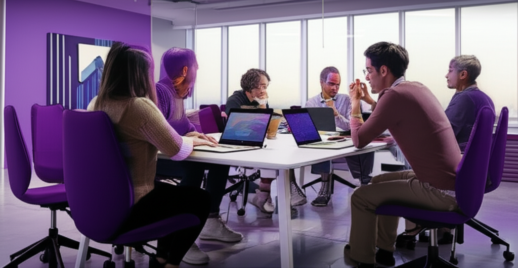 Diverse team collaborating in a modern office